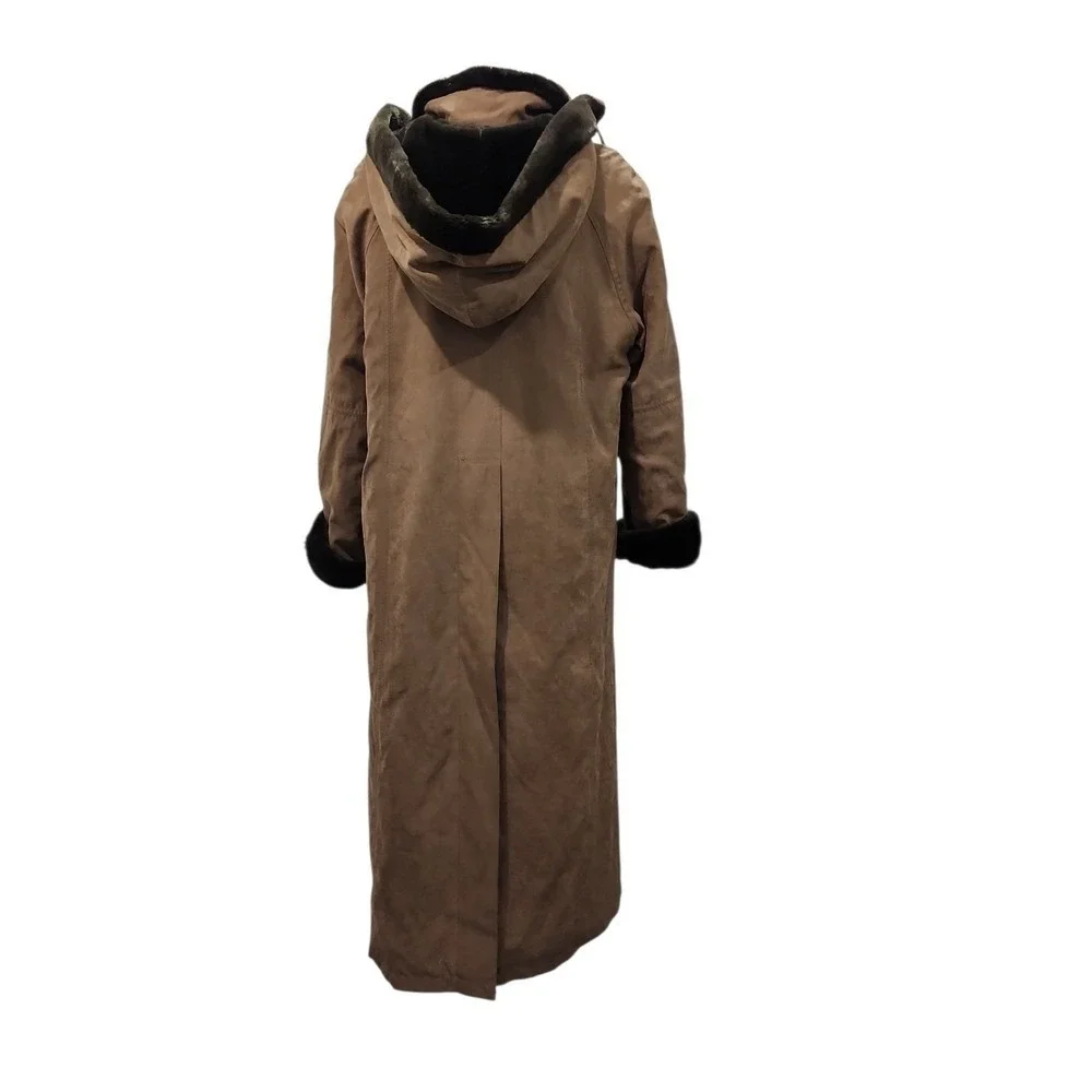 Utex Longline Coat Womens Medium Tan Faux Fur Lined Hooded Winter Warm Trench